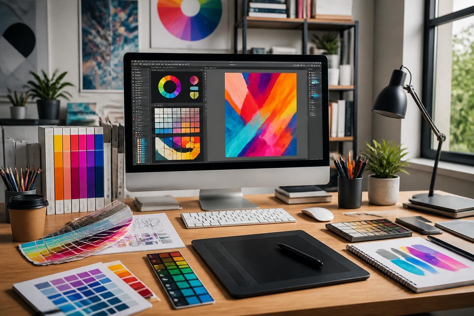 A modern workspace with a computer showing colorful design palettes, surrounded by design tools and color samples.