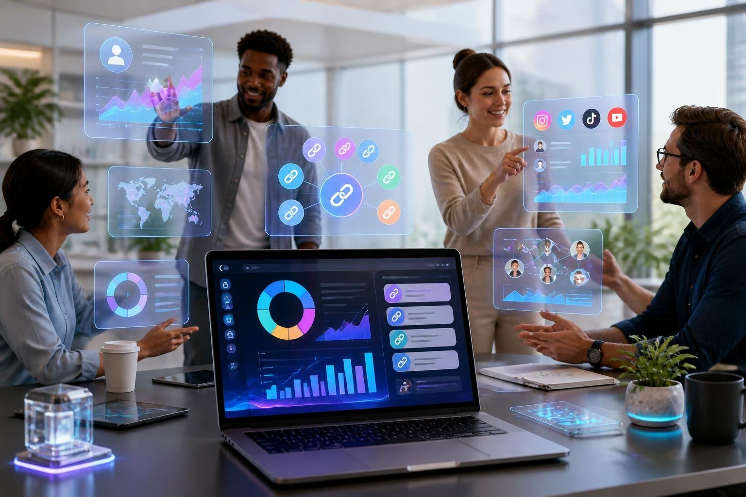 A group of professionals collaborating around a laptop with floating holographic screens showing social media icons and data charts in a bright office.