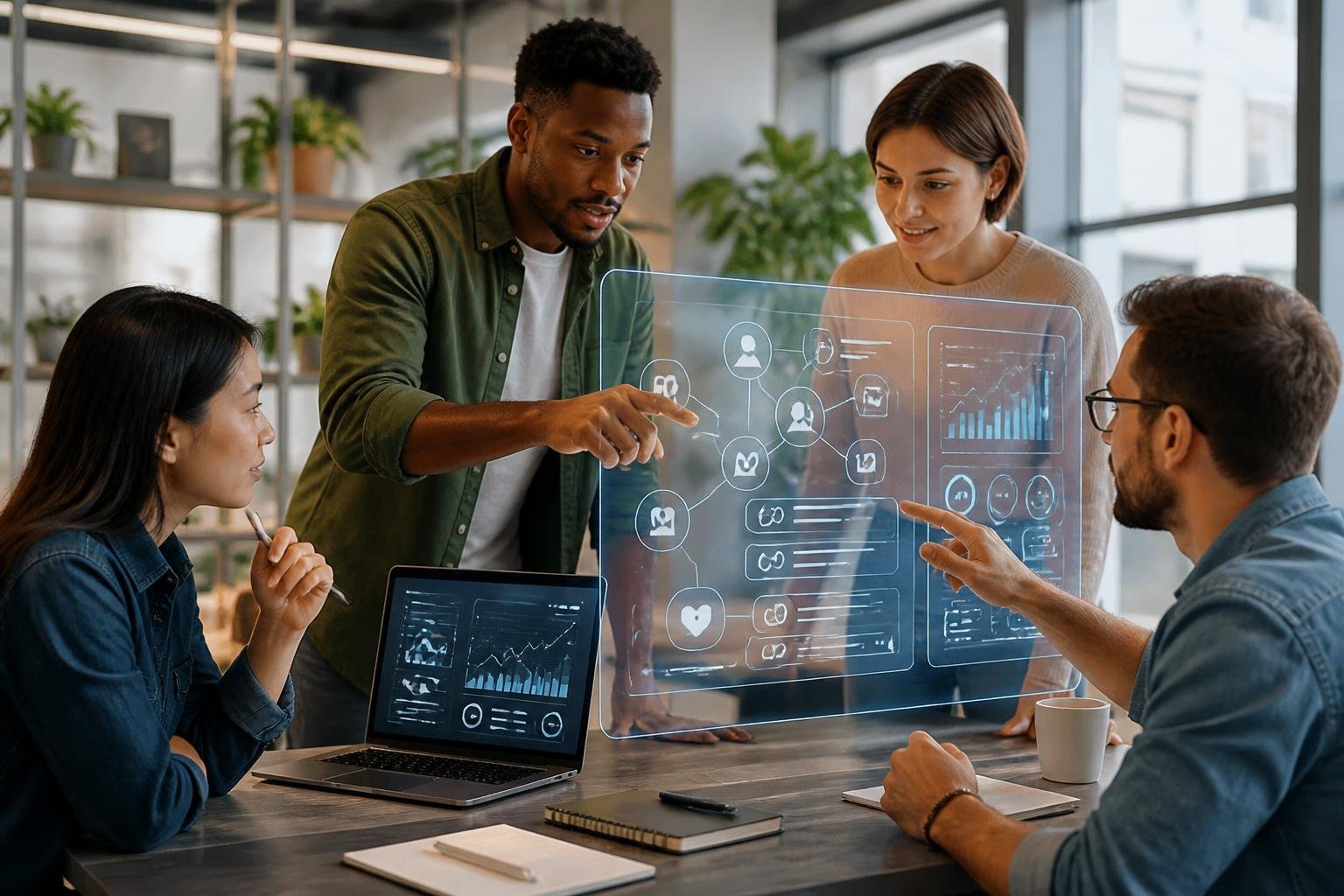 A group of young professionals collaborating around a laptop and a large touchscreen displaying social media icons and analytics in a modern workspace.