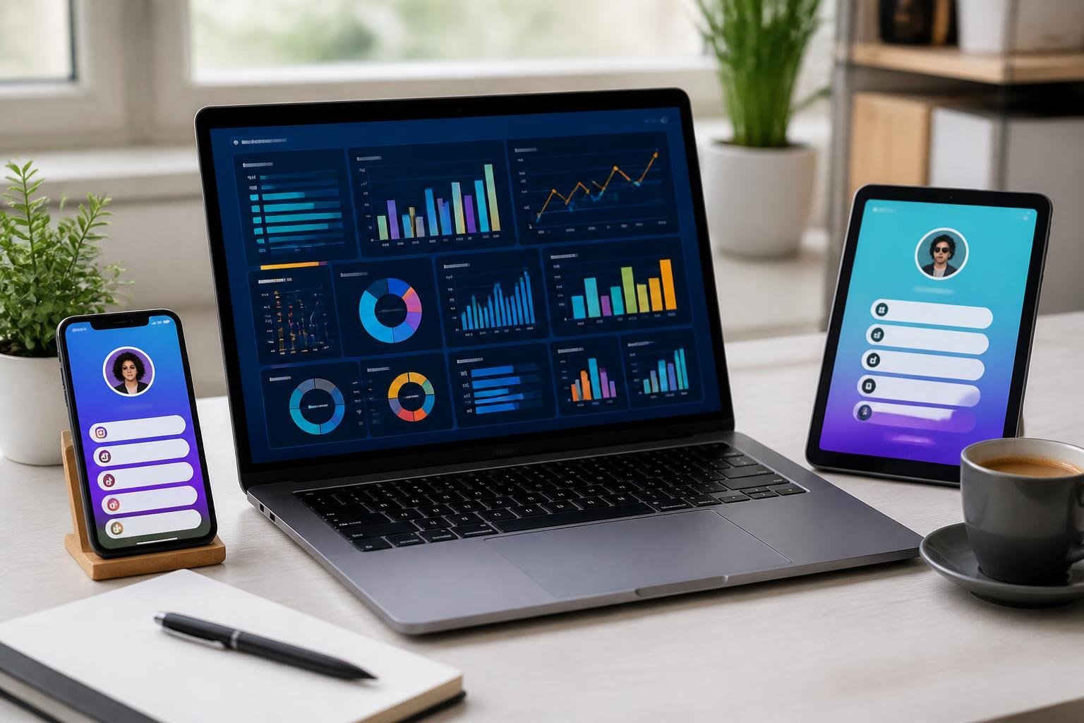 A modern workspace with a laptop, smartphone, and tablet displaying colorful charts and user interfaces related to digital platform comparison.