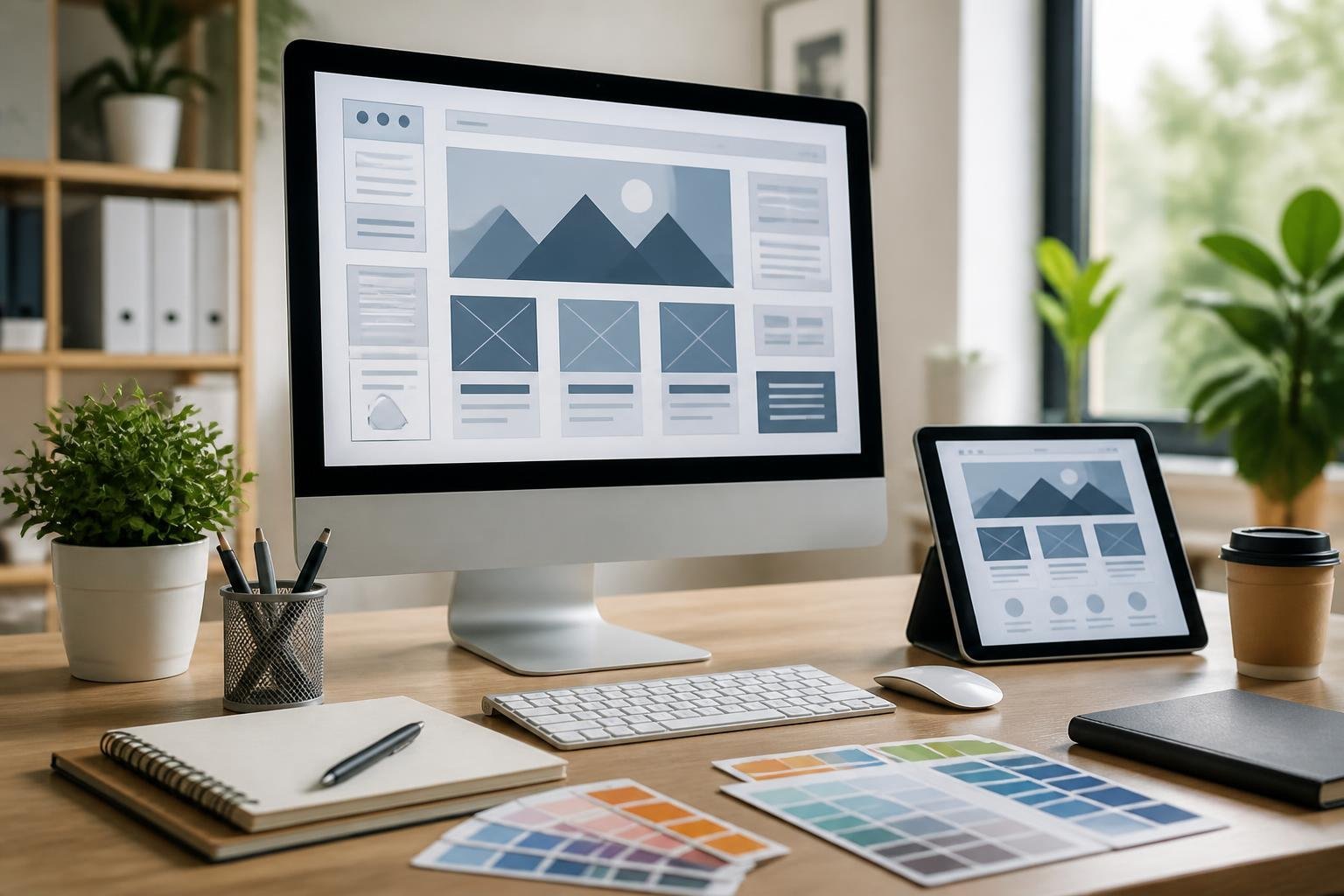A workspace with a computer monitor displaying a webpage layout, surrounded by design tools and office items on a desk.