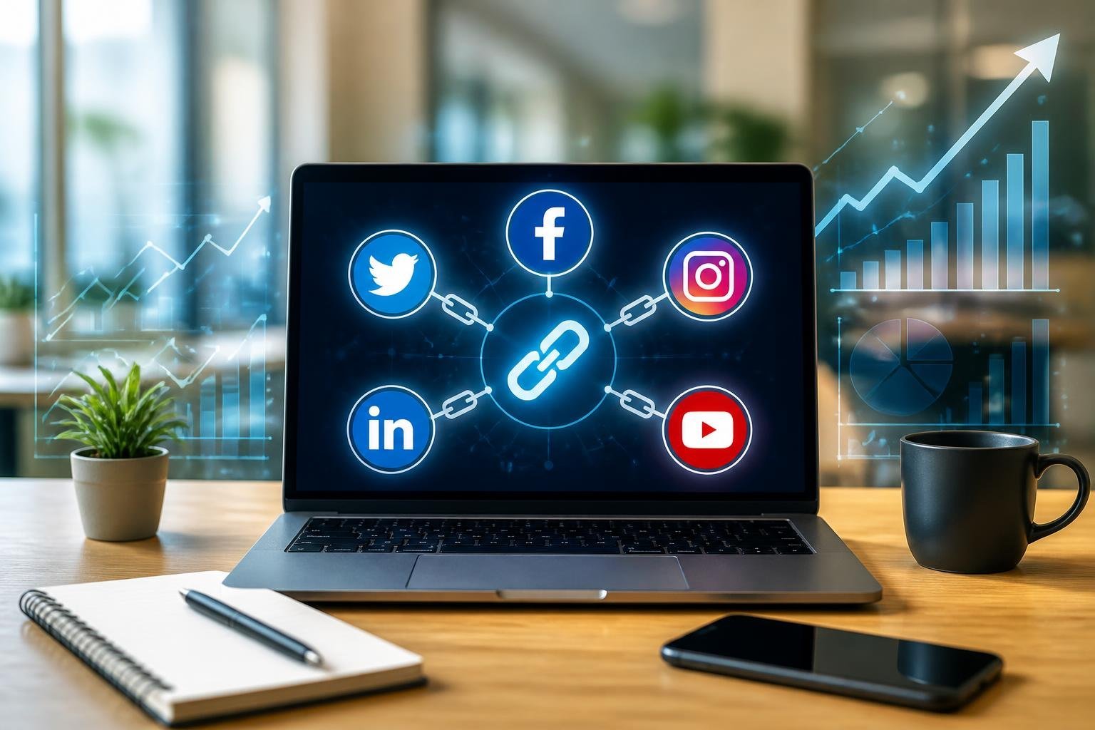 A laptop on a desk showing social media icons connected by digital link chains with charts in the background, surrounded by office items.