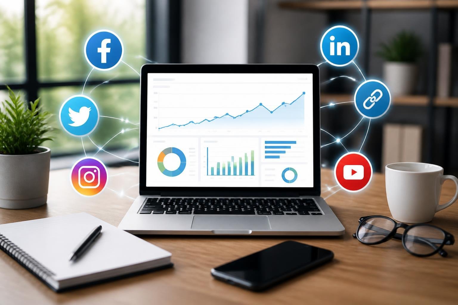 A workspace with a laptop showing analytics and icons of social media platforms connected by glowing lines, surrounded by office items like a notebook and coffee cup.
