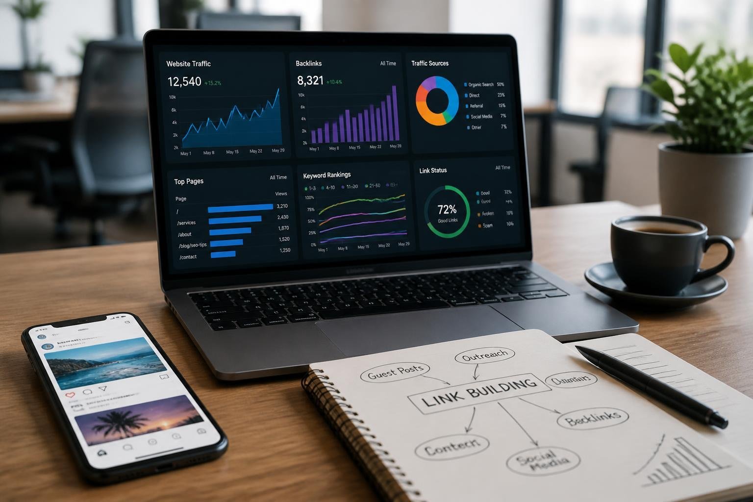 A workspace with a laptop displaying charts, a smartphone with a social media app, a notebook with notes, and a cup of coffee in a bright office setting.