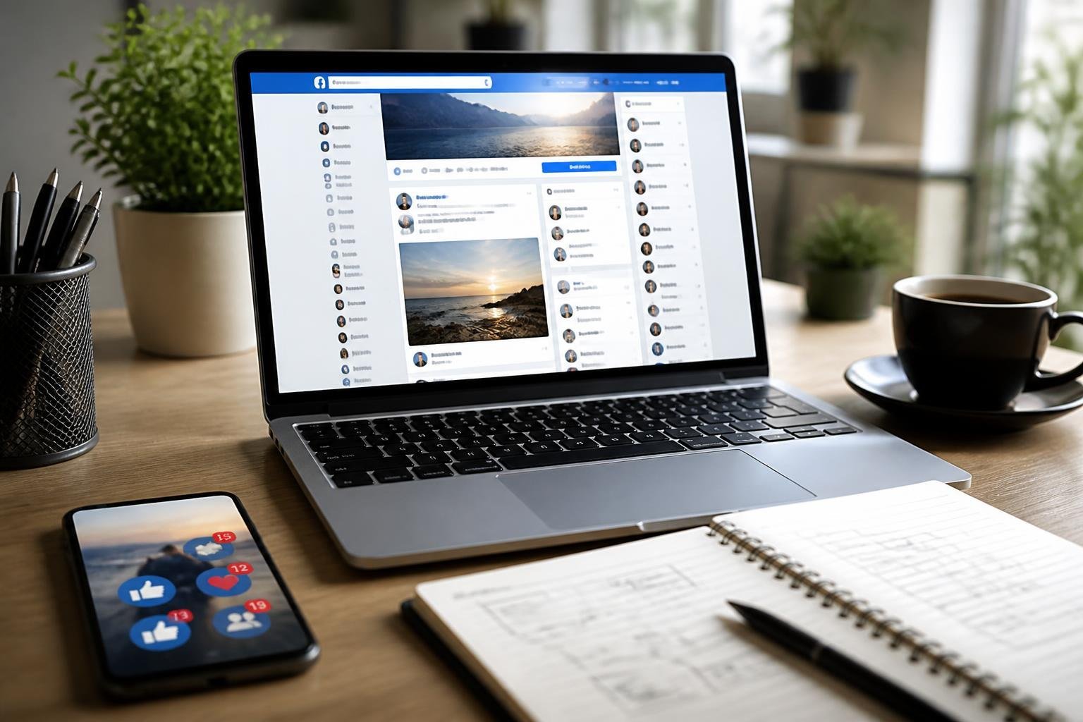 A workspace with a laptop showing a Facebook page, a smartphone, a notebook, and a cup of coffee on a desk.