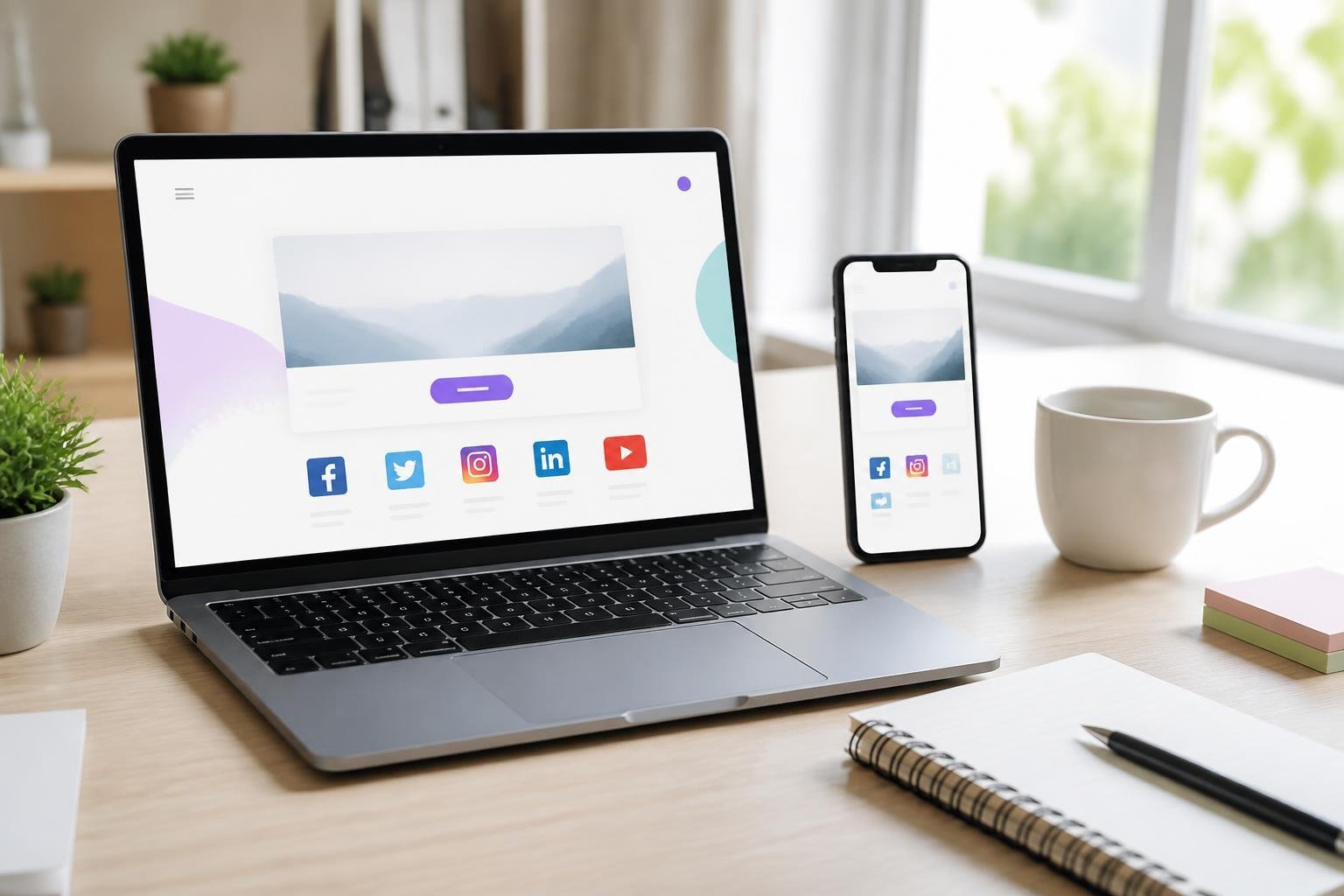 A modern workspace with a laptop and smartphone displaying social media interfaces on a clean desk with office accessories.