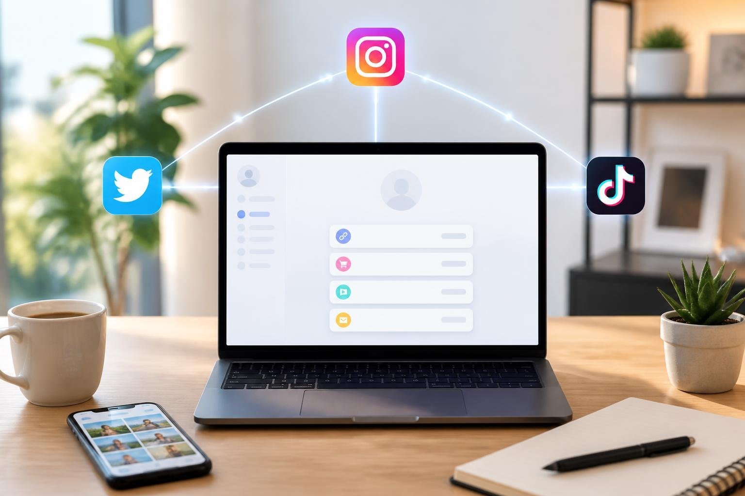 A modern workspace with a laptop showing a link in bio platform interface, surrounded by social media icons and digital connections, alongside a smartphone, coffee cup, and notebook.