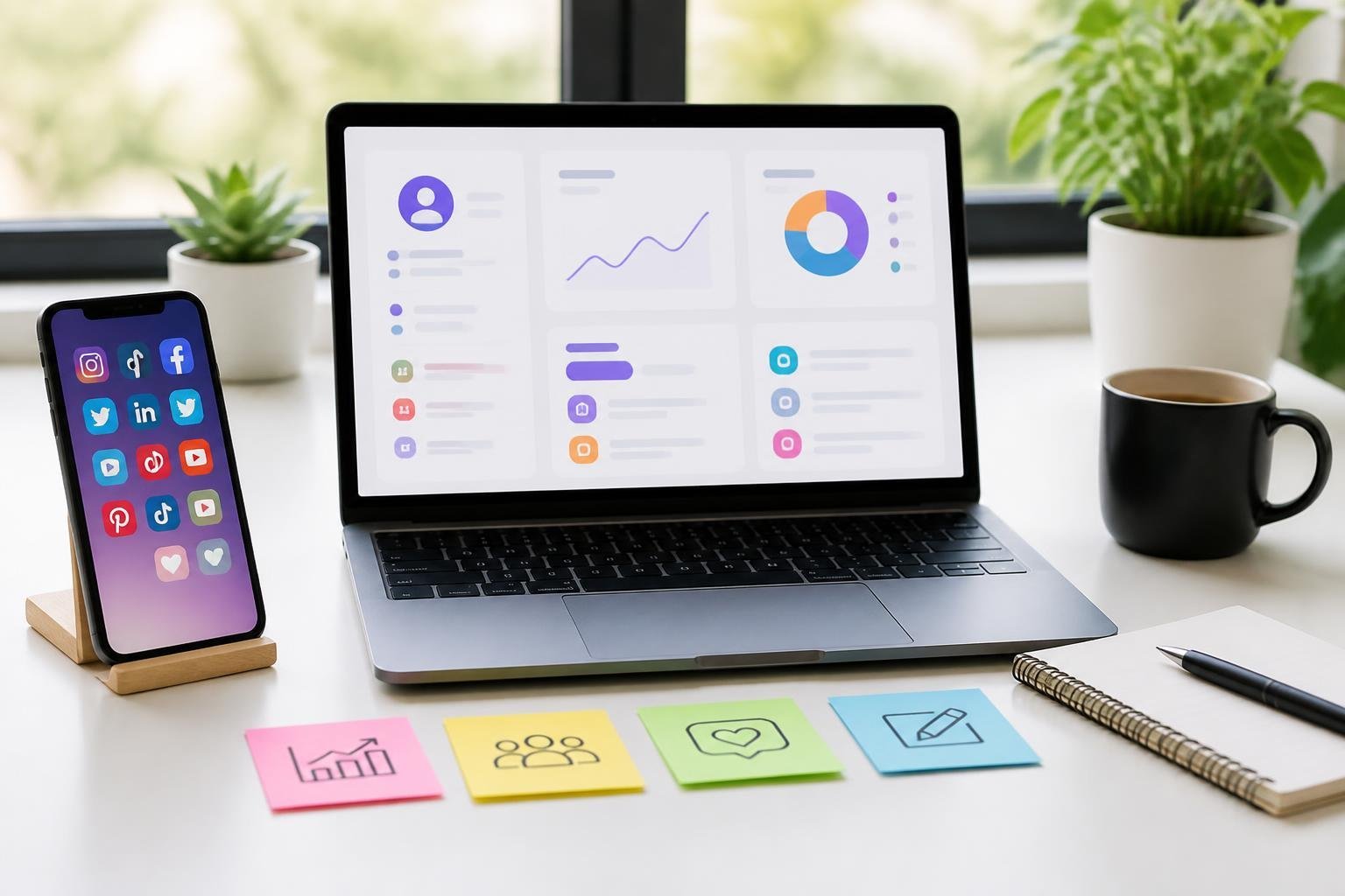 A workspace with a laptop showing a digital dashboard, a smartphone with social media apps, sticky notes with icons, and a cup of coffee on a bright desk.