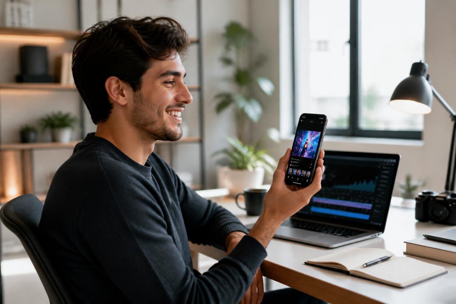 A young adult smiling while looking at a smartphone in a bright home office with a laptop nearby.