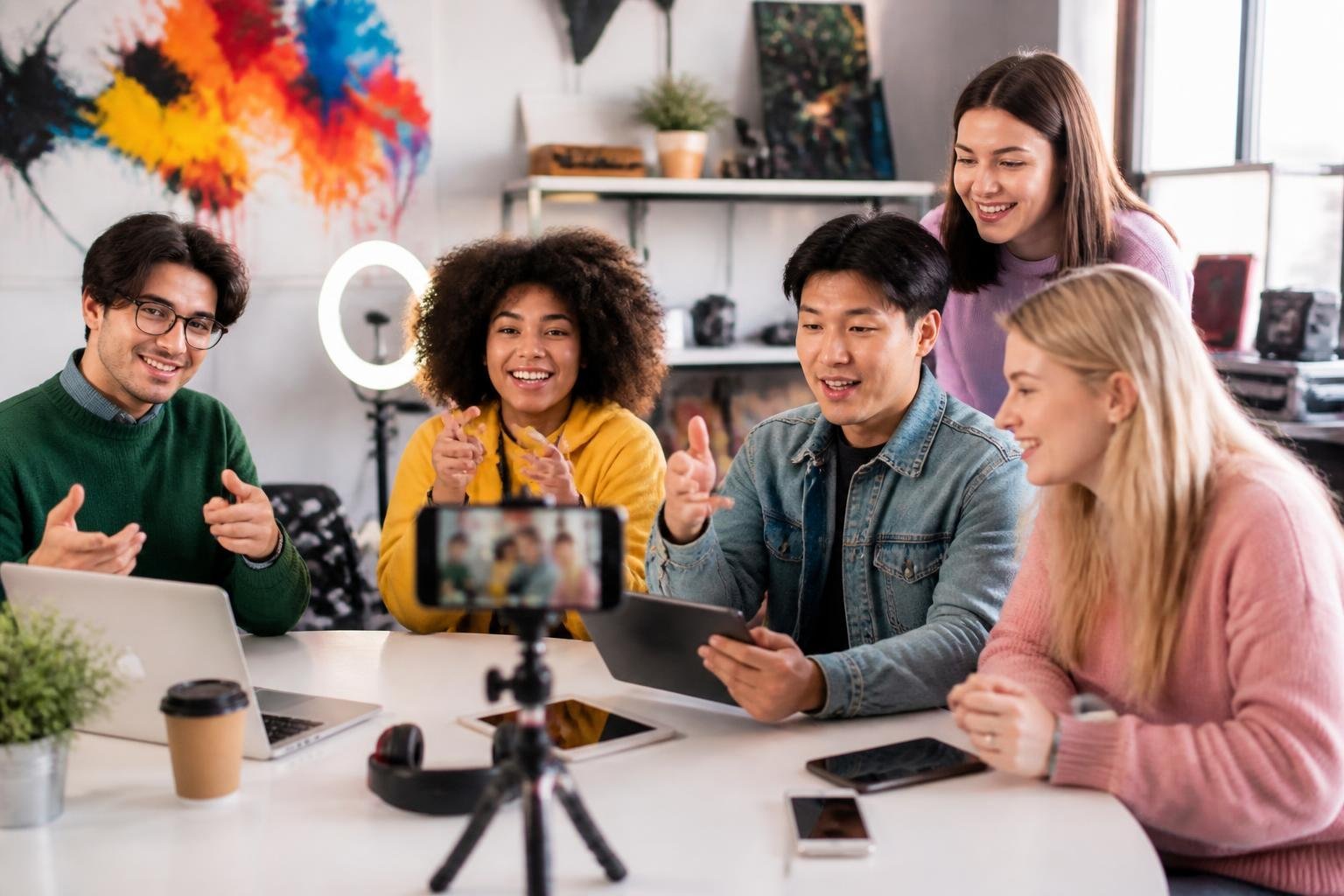 A group of young adults collaborating in a modern workspace, recording a video on a smartphone while brainstorming ideas.