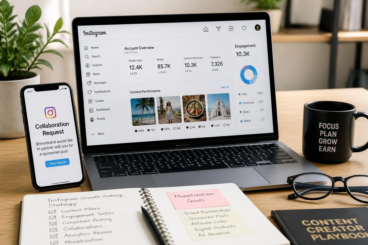 A workspace with a laptop and smartphone showing Instagram content and notifications, surrounded by notes and a coffee cup.