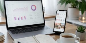 A modern workspace with a laptop showing social media analytics and a smartphone displaying an Instagram profile, surrounded by a notebook, coffee cup, and plants.