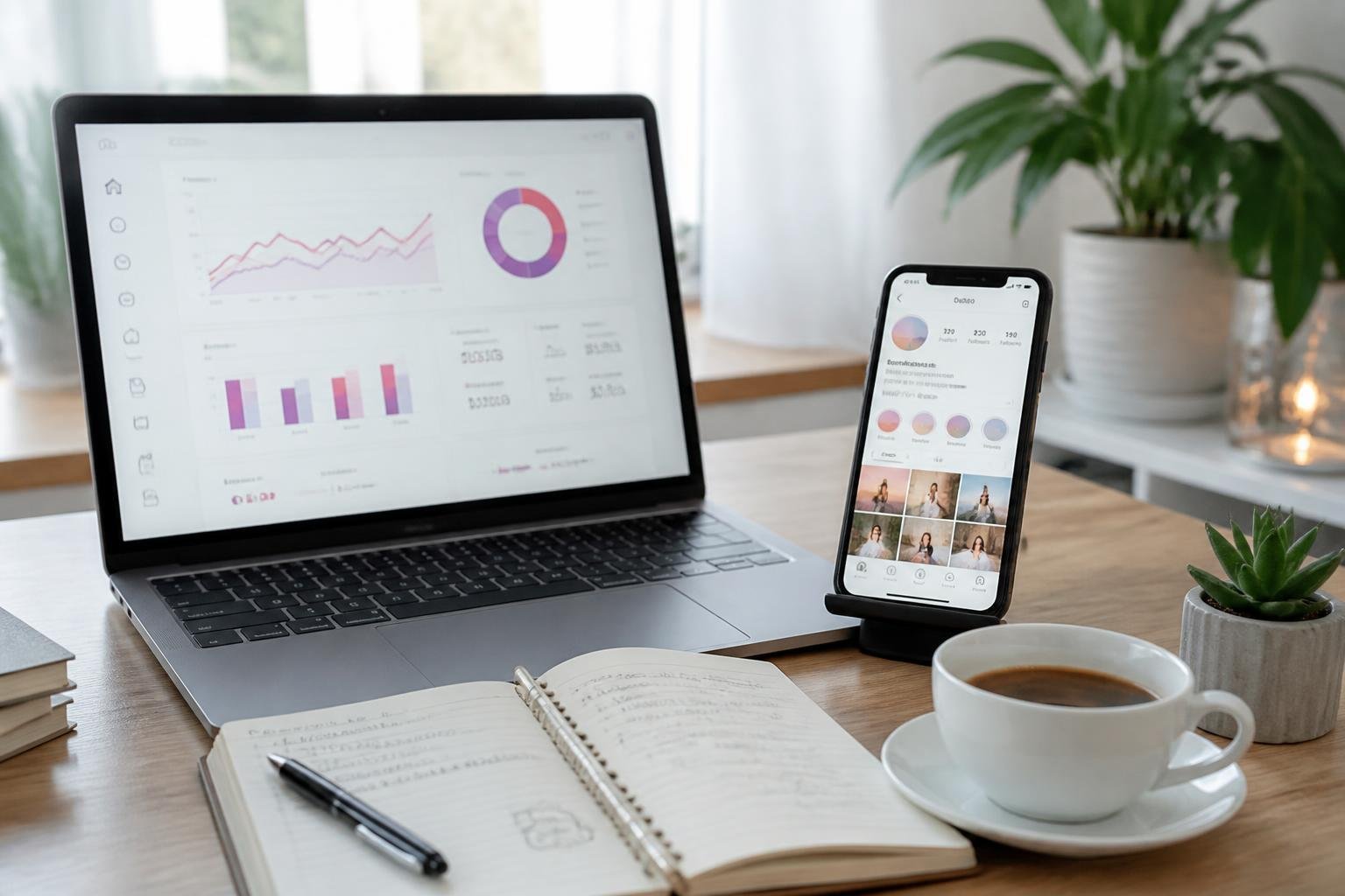 A modern workspace with a laptop showing social media analytics and a smartphone displaying an Instagram profile, surrounded by a notebook, coffee cup, and plants.