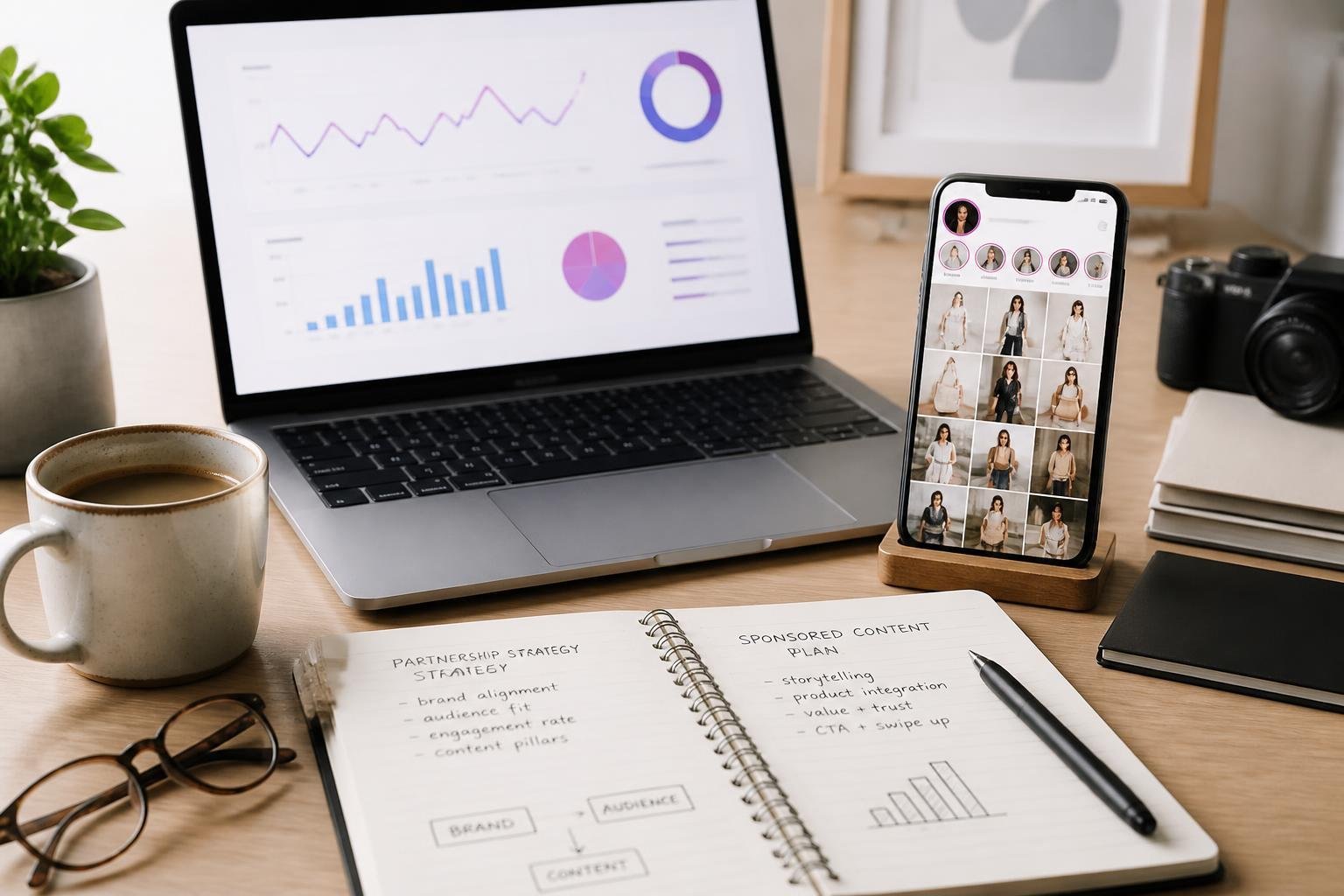 A workspace with a laptop showing Instagram analytics, a smartphone displaying an Instagram profile, and a notebook with notes, surrounded by office items like a coffee cup and glasses.