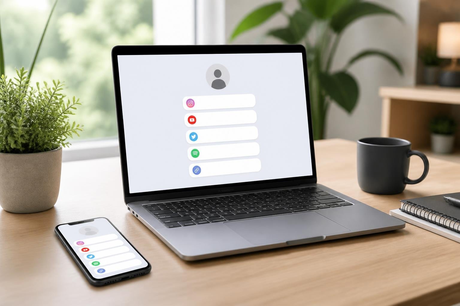 A modern workspace with a laptop and smartphone displaying multiple link icons on their screens, a coffee cup, and plants in the background.