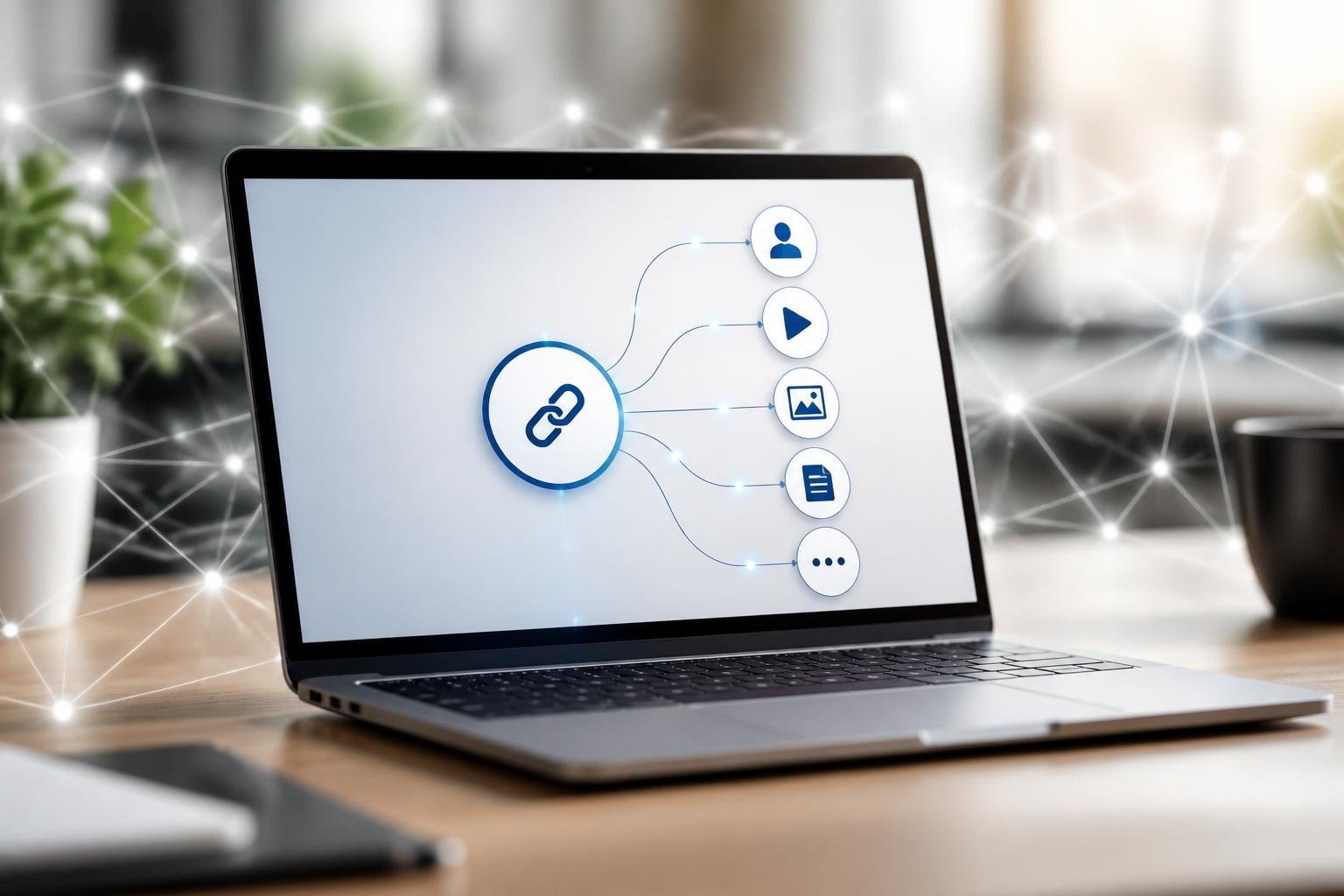 A laptop on a desk showing multiple digital link icons branching from a single source, symbolizing online connectivity.