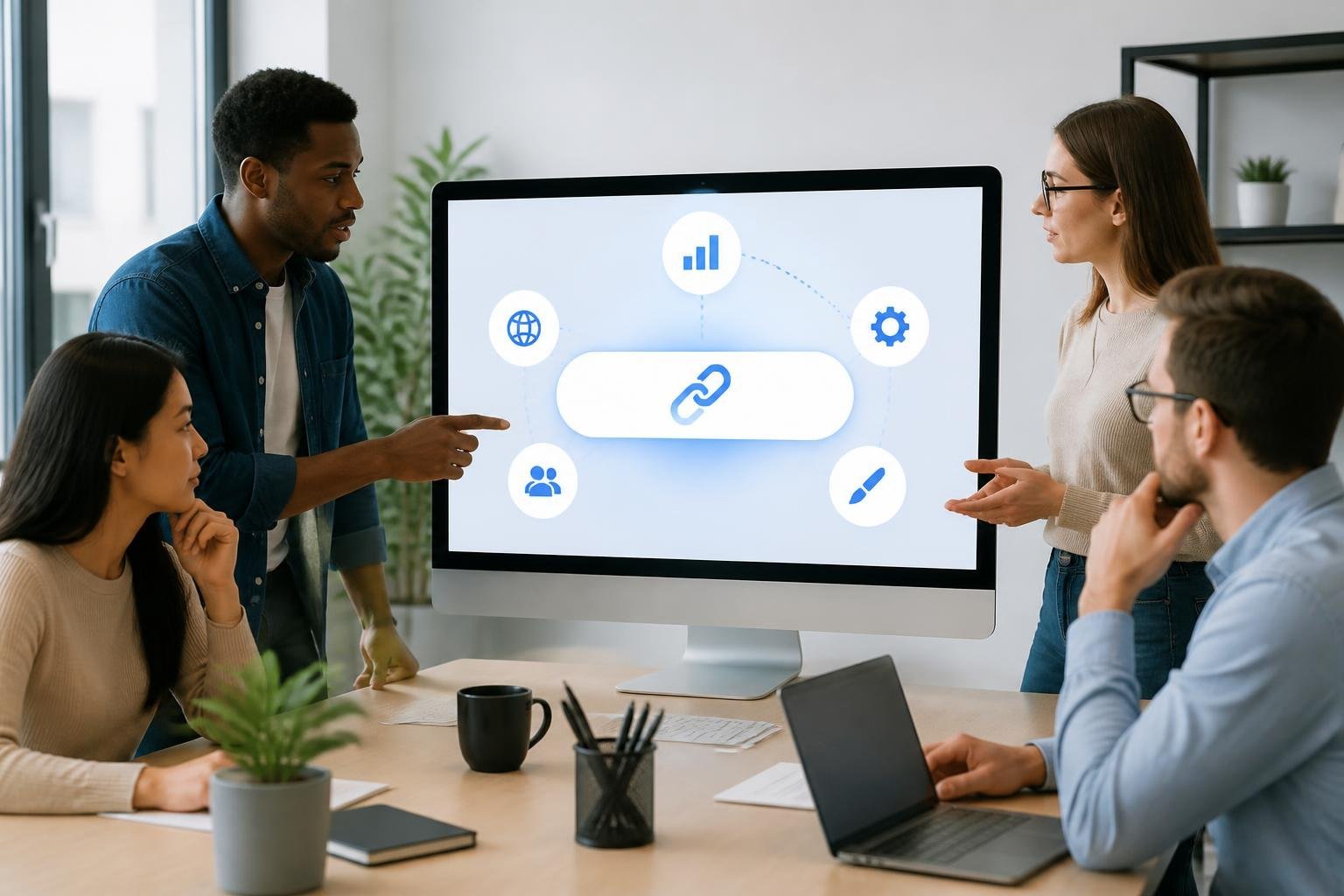 A group of professionals working together around a desk with a computer showing a single URL link and digital icons representing connectivity and analytics.