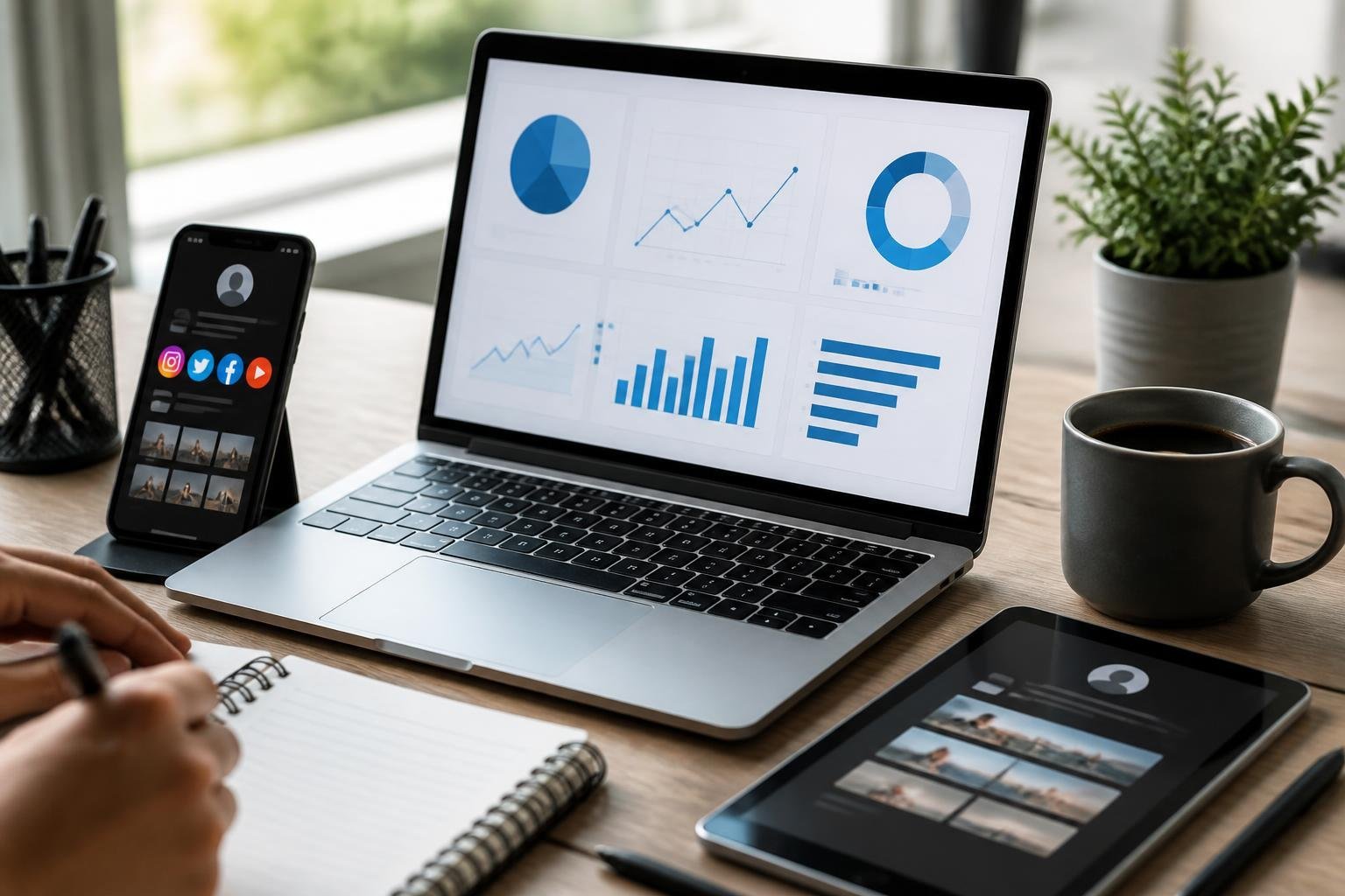 A workspace with a laptop showing analytics charts, a smartphone and tablet displaying social media icons, and office supplies on a desk.