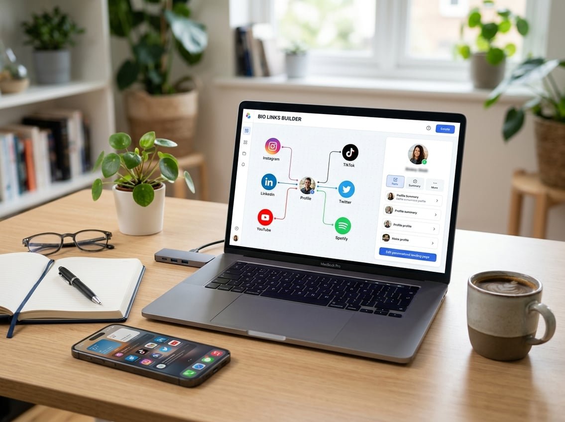 A laptop on a desk showing interconnected social media icons with office items around it in a bright workspace.