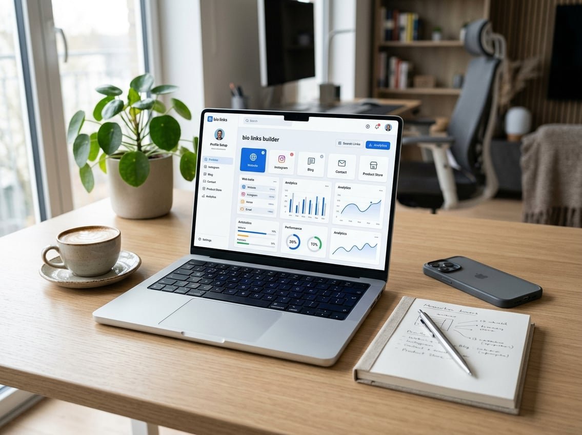 A laptop on a desk showing a digital dashboard with link icons and charts, surrounded by a smartphone, notepad, pen, and coffee cup.