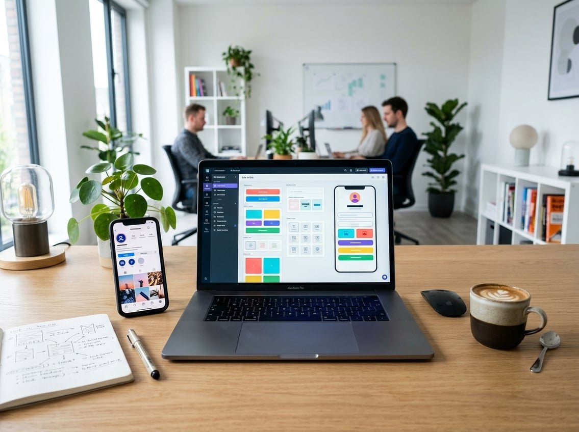 A workspace with a laptop showing a website interface, a smartphone, notes, and a coffee cup in a bright office setting.