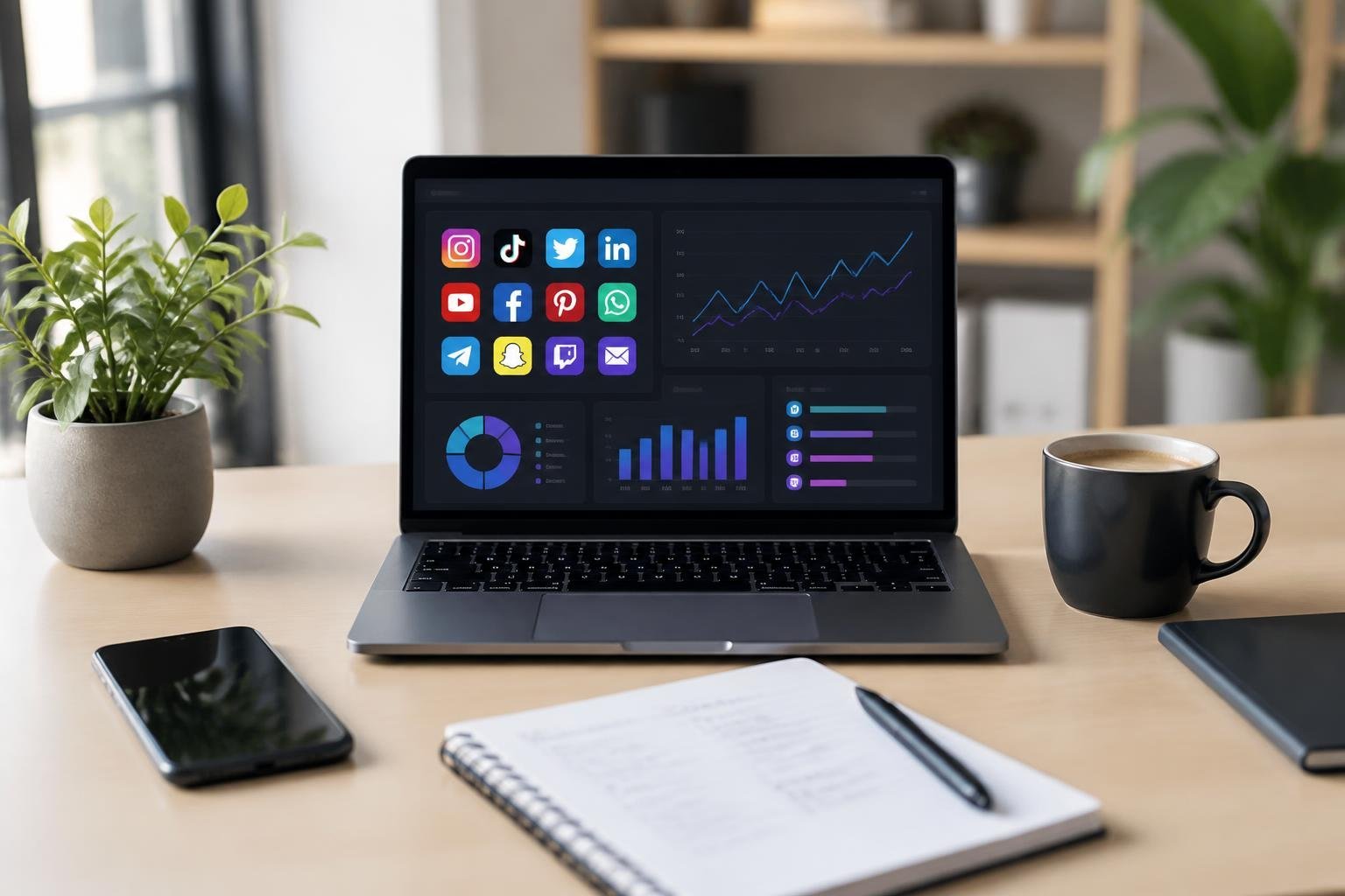 A workspace with a laptop showing social media icons and analytics, a smartphone, notebook, and coffee cup on a desk.